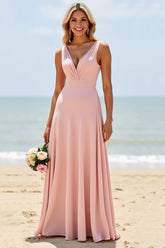 Blush Langes V-Ausschnitt Brautjungfernkleid in A-Linie